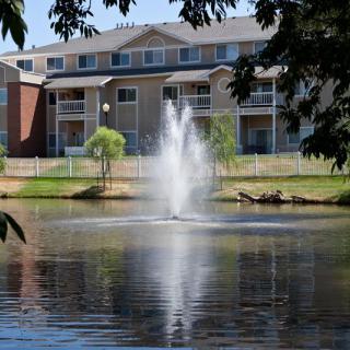 A fountain in a pond with a building in the background, framed by trees.