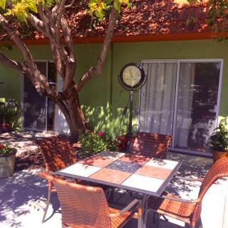 A sunny outdoor patio with a table and chairs surrounded by plants.