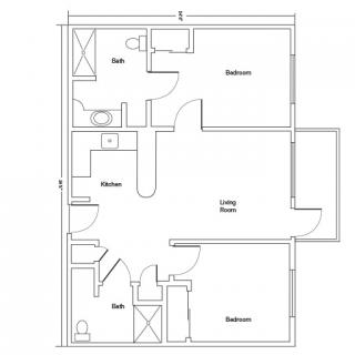 A detailed floor plan of an apartment featuring two bedrooms, a living/dining area, and two bathrooms.
