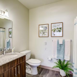 A modern bathroom with a wooden vanity, decorative wall art, and a potted plant.