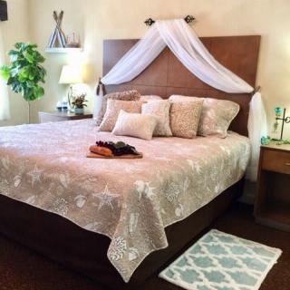 A cozy bedroom with a well-decorated bed featuring a canopy and pillows, complemented by a potted plant and tasteful decor.