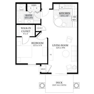 One-bedroom apartment floor plan with a living room, kitchen, bathroom, walk-in closet, and deck.