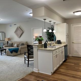 A modern open floor plan featuring a kitchen adjacent to a cozy living room with stylish decor.