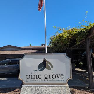 The entrance sign for Pine Grove, featuring an American flag and a clear blue sky.