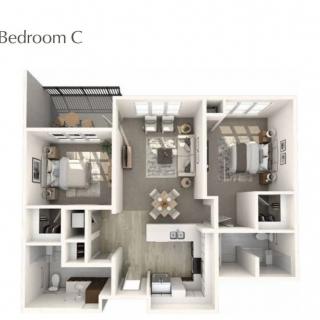 A 3D floor plan of an apartment labeled as 'Bedroom C', featuring multiple bedrooms, a living room, and a kitchen area.