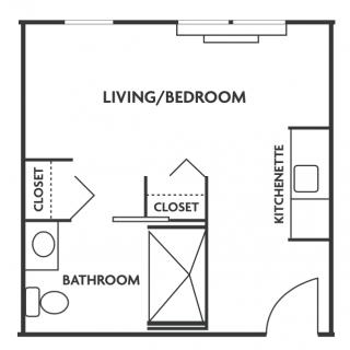 Studio apartment floor plan with living/bedroom area, kitchenette, bathroom, and closets.