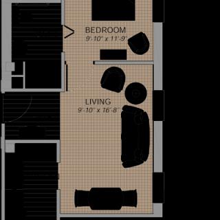 Floor plan showing a layout with a living room and bedroom.