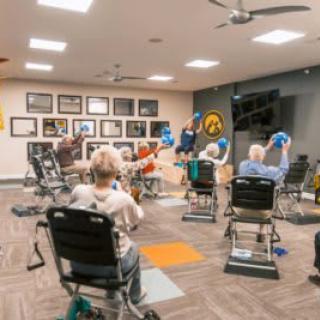 A group of elderly individuals participating in a seated exercise class indoors.
