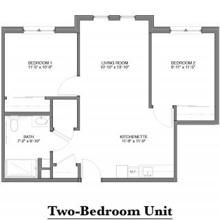 A floor plan of a two-bedroom unit, showcasing the layout and dimensions.