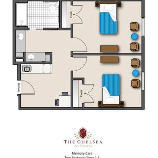 A floor plan of a two-bedroom apartment with labeled areas including a living room, kitchen, and bathroom.