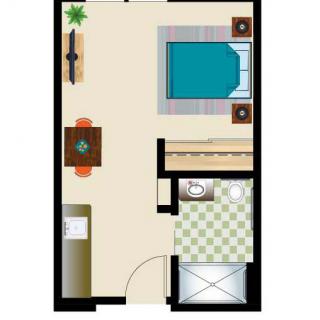 A floor plan of a studio apartment featuring a bedroom, living area, bathroom, and kitchen.