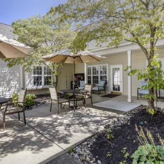 A sunny patio with outdoor seating and umbrellas surrounded by trees.