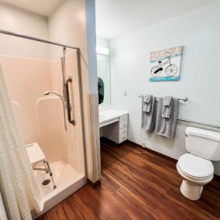 A contemporary bathroom featuring a shower, toilet, and sink with wooden flooring.