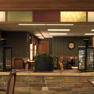 A cozy restaurant interior featuring wooden furniture and warm lighting.