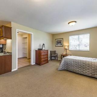 A spacious bedroom with a bed, dresser, and a window letting in natural light.