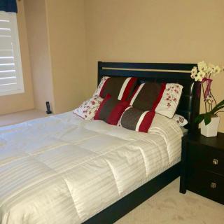 A neatly arranged bedroom with a cozy bed, colorful pillows, and an orchid on the nightstand.