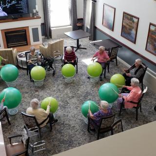 A group of seniors participates in a seated exercise class with green fitness balls, arranged in a circle.