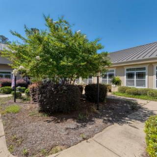 A sunny outdoor garden area with a pathway surrounded by bushes and trees in front of a building.