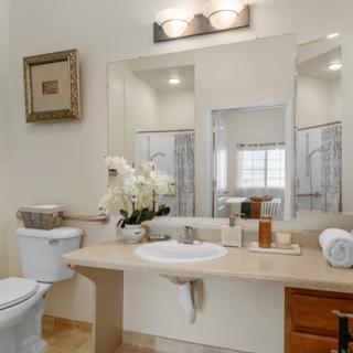 A modern bathroom with a large mirror, sink, and decorative flowers on the countertop.