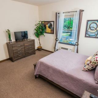 A cozy bedroom with a bed, dresser, and TV, featuring carpeted flooring and decorative elements.