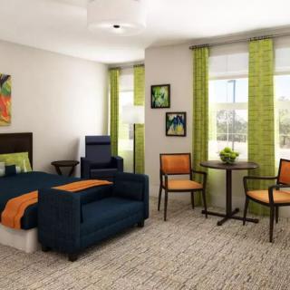 A modern and cozy bedroom with green accents and ample natural light.