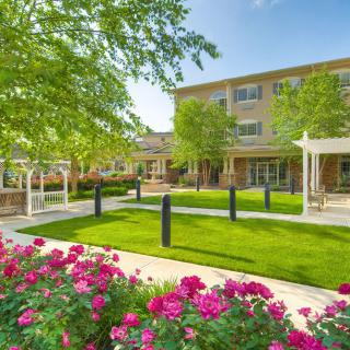 A beautifully landscaped garden with vibrant flowers and a modern building in the background.