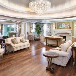 A luxurious living room featuring elegant sofas, a stunning chandelier, and a cozy fireplace.