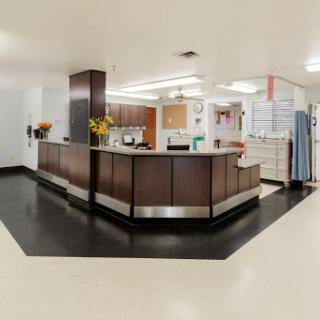 A modern hospital reception area with wooden accents and a clean, organized layout.