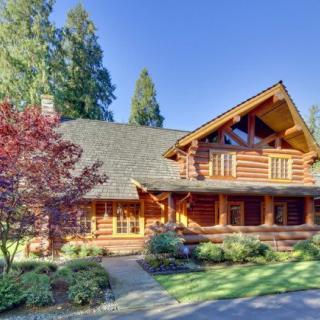 A beautiful log cabin nestled in a lush forest setting.