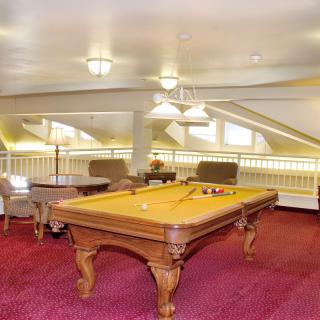 A well-lit game room featuring a billiards table on red carpeted flooring.