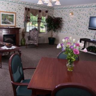 A cozy living room with a dining table, chairs, fireplace, and decorative elements.