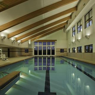 An elegant indoor swimming pool with modern architectural design.