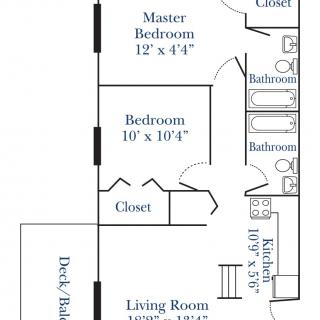 A floor plan of a two-bedroom apartment with labeled rooms and dimensions.