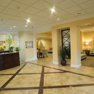 A spacious hotel lobby with a reception desk, elegant furniture, and decorative plants.
