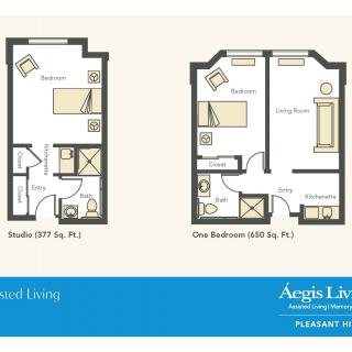 Floor plans for studio and one-bedroom apartments.