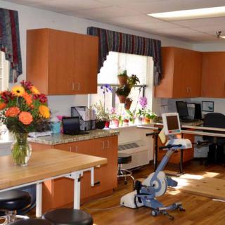 A cozy therapy room with exercise equipment and vibrant flowers.