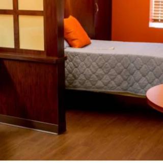 A cozy bedroom with orange walls, featuring a single bed adorned with an orange pillow and a quilted cover, complemented by wood flooring.