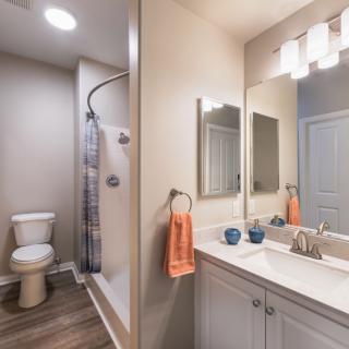A modern bathroom featuring a sink with a mirror, shower, and toilet with decorative lighting.