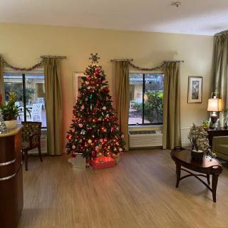 A beautifully decorated living room featuring a festive Christmas tree, creating a warm holiday ambiance.