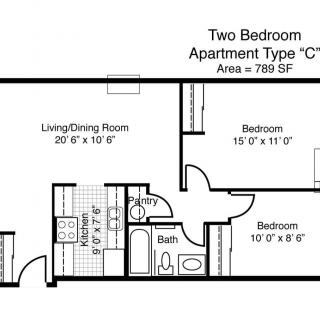 Floor plan of a two-bedroom apartment, showcasing the layout and dimensions of each room.