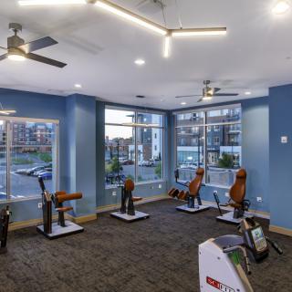 A modern gym with various exercise equipment and large windows.