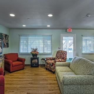A cozy living room with various chairs and a sofa arranged around hardwood floors, featuring large windows that let in natural light.