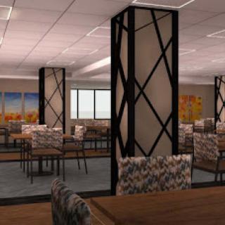 A spacious and modern dining area featuring elegant furniture and a contemporary design.