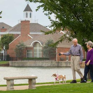 A couple walking their dog in a park beside a lake, with buildings in the background.