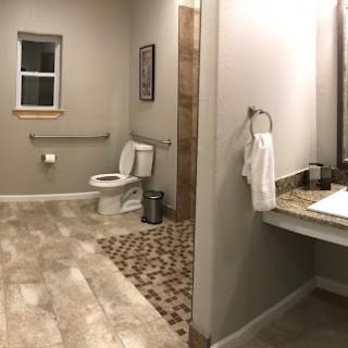 A modern, spacious bathroom featuring a toilet and vanity area with neutral tones.