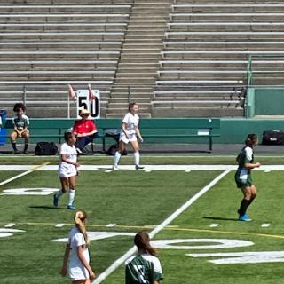 Players participating in a soccer match on a sunny day.