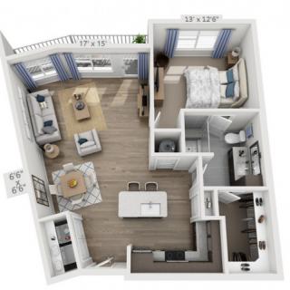 3D floor plan of a one-bedroom apartment featuring a living room, kitchen, and bathroom.