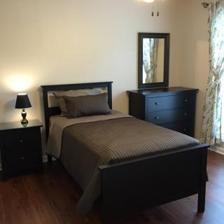 A minimalist bedroom with a single bed, dresser, and nightstand in dark wood tones and neutral bedding.