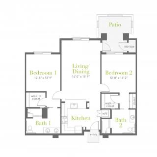 A floor plan of a 2-bedroom apartment with living/dining area, kitchen, and two bathrooms.