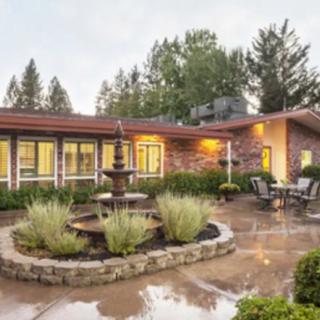 A cozy house with a fountain in the garden and a spacious patio area surrounded by trees.